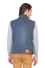 Sleeveless Tinted Blue Men's Denim Jacket with Brass Button