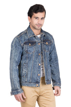 Krossstitch Full Sleeve Orange Blue Cloud Wash Men's Denim Jacket with Brass Button